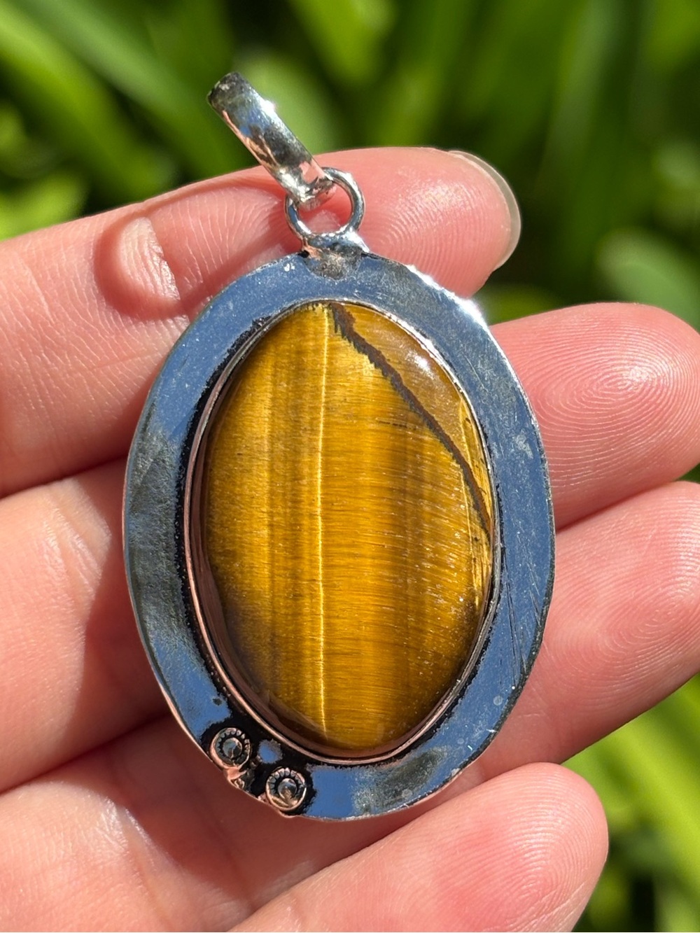 Sterling Silver Tiger's Eye Oval Pendant - Brown Gemstone